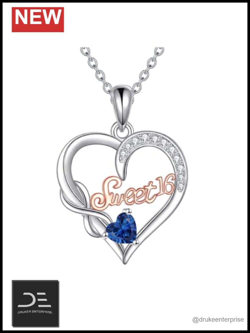 18k White Gold Plated Sweet 16 Heart Pendant Necklace Birthstone Adjustable